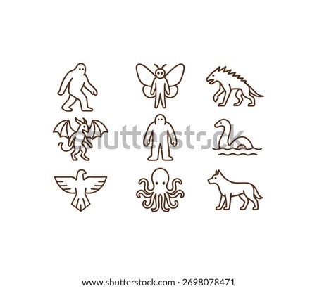 A captivating set of line art icons featuring legendary cryptids and mythical creatures like Bigfoot Mothman Nessie and dragons perfect for mysterious themes.