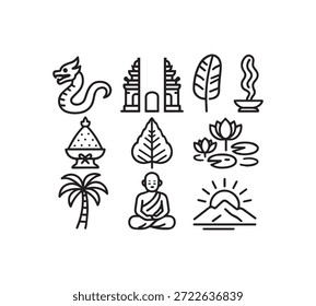 Eine fesselnde Reihe von Linien Icons, die Südostasiatische Kultur Spiritualität und Natur einschließlich Tempel Drachen Lotusblumen Palmen und meditierende Figuren.