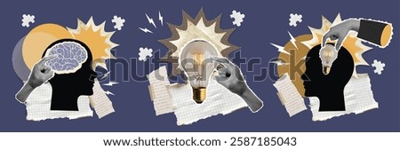 A captivating set of three collages showcasing the brain, a lightbulb, and a hand. This collection represents knowledge, creativity, and inspiration in a modern artistic style.