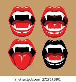 Ein fesselnder Satz Vampirmauern mit scharfen Reißzähnen und roten Lippen, perfekt für Halloween, Horrorthemen oder Gothic-Designs. Enthält Variationen mit der Zunge.