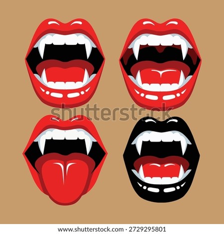 A captivating set of vampire mouths featuring sharp fangs and red lips, perfect for Halloween, horror themes, or gothic designs. Includes variations with tongue.
