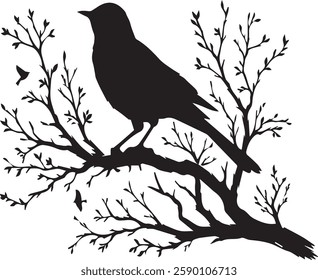 A captivating silhouette of a bird perched on a branch of a bare tree against a white background.