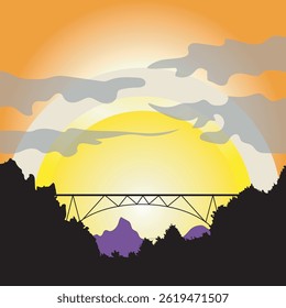 A captivating silhouette of a bridge spanning a valley at sunset.