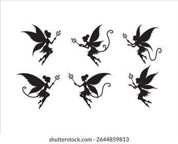 Uma cativante coleção de silhuetas apresenta seis graciosas ilustrações de fadas, cada uma com asas delicadas e varinhas mágicas encantadoras.