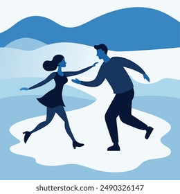 A captivating silhouette of a couple gracefully ice skating on a vast, frozen landscape, showcasing their elegance and unity.