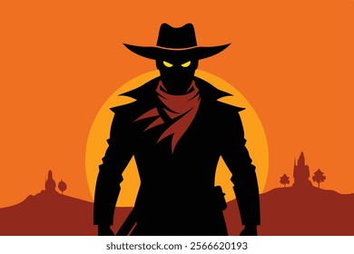 A captivating silhouette of a cowboy, shrouded in darkness, stands against a vibrant sunset backdrop