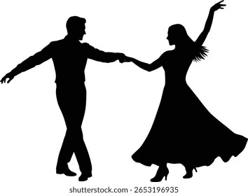 Uma silhueta cativante de um homem e uma mulher elegantemente dançando, de mãos dadas.