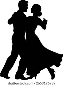 Uma silhueta cativante de um homem e uma mulher elegantemente dançando, provavelmente uma dança de salão como uma valsa ou tango.