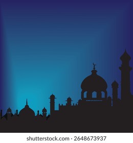A captivating silhouette of multiple mosques, detailed against a gradient blue twilight sky. The central mosque is prominent.
