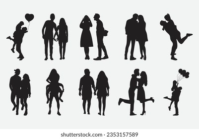 Captivating Silhouette Set, Expressive Loving Man and Woman in Various Poses and Emotions