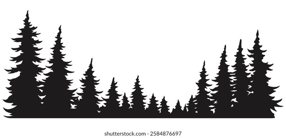 A captivating silhouette of tall evergreen trees stretches across the white background showcasing various sizes and shapes of foliage. The natural beauty is emphasized by the stark contrast.