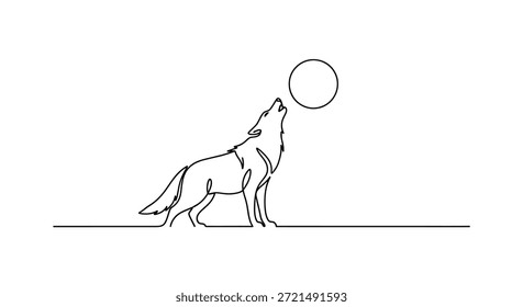 A captivating single line drawing depicts a wolf howling at the moon, embodying the essence of nature and freedom. This minimalist artwork showcases the beauty of the wilderness with its simple yet