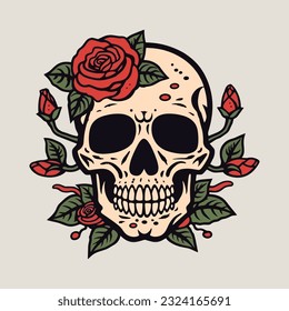 A captivating skull head embraced by mesmerizing bouquet flowers   leaves  an enchanting blend life   death in one striking illustration