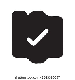 A captivating square graphic with a distinctive blob like shape featuring a stark black background and a prominent white checkmark for positive affirmation and visual engagement