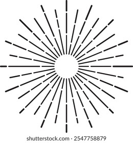 El cautivador diseño starburst irradia desde un círculo central en un estilo vintage, con líneas geométricas simétricas y un esquema de colores en blanco y negro