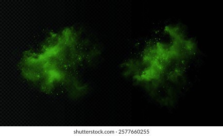 captivating swirl of vibrant green smoke adorned with shimmering starry particles and glowing glitter. The ethereal mist blends with hints of blue vapor stardust, all set against a deep black backd