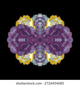 Um design abstrato simétrico cativante misturando tons roxos profundos com sotaques dourados em um estilo moderno inspirado em Rorschach.