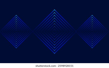 Captivating symmetrical composition of luminescent geometric shapes in varying shades of blue against a deep navy backdrop, evokes futuristic elegance and dimension