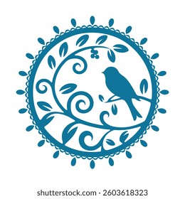 A captivating teal silhouette of a bird perched on a stylized floral branch, nestled within a decorative circular frame.