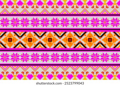 A captivating textile pattern showcasing a vibrant fusion of geometric shapes and traditional motifs. The design features bold, contrasting colors, including pink, orange, black, and yellow, arranged 