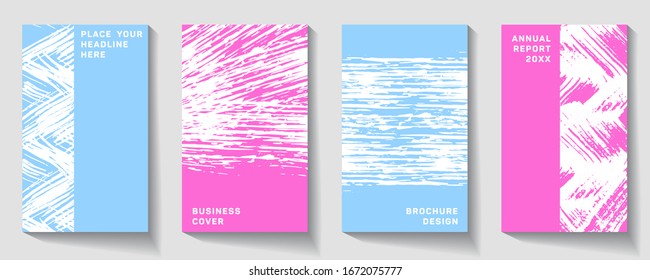 Captivating trendy abstract cover page. Collection of covers with brush strokes for books, magazines, catalogs.  Abstract Brochure design. Simple pattern. Flyer promotion.  Presentation cover. 