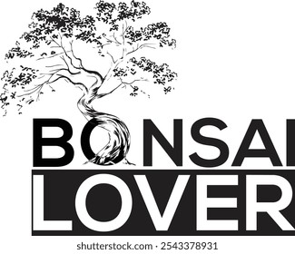 Um design de camiseta cativante com uma ilustração vetorial de uma árvore bonsai emparelhada com a tipografia arrojada e elegante "Bonsai Lover". Este design celebra a arte do bonsai, perfeito para a natureza primeiro