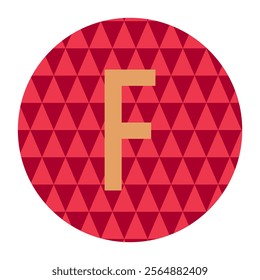 A captivating vector art design featuring the letter F in gold on a vibrant red triangle-patterned circular background. Perfect for branding or decoration.