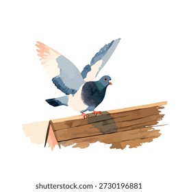 Cautivador Arte vectorial de una paloma con las alas extendidas, aterrizando en una viga de madera rústica. Ideal para la naturaleza, la vida silvestre urbana y los conceptos de libertad.