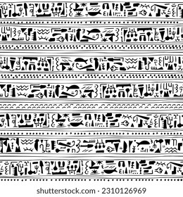 Captivating vector artwork featuring hand-drawn symbols resembling Egyptian hieroglyphs, seamless pattern for adding a touch of mystery and historical intrigue to a variety of applications