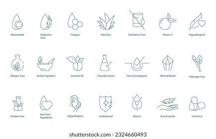 Captivating Vector Icons: Exploring the Beauty of Niacinamide, Hyaluronic Acid, Collagen, Aloe Vera, and More