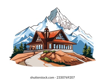 A captivating vector illustration of a charming house, guest house, or hotel nestled amidst the awe-inspiring beauty of mountain scenery