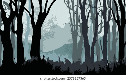 A captivating vector illustration of a dark mystical forest with silhouetted trees and foggy mountain layers in the background. Ideal for fantasy themes, backgrounds, and nature-inspired designs.