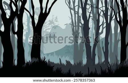 A captivating vector illustration of a dark mystical forest with silhouetted trees and foggy mountain layers in the background. Ideal for fantasy themes, backgrounds, and nature-inspired designs.