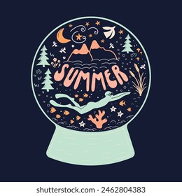 A captivating vector illustration depicting a magical summer scene within a snow globe, complete with mountains, trees, water, fish, and celestial elements like stars and a crescent moon.