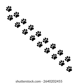 A captivating vector illustration features a diagonal trail of black paw prints elegantly stamped across a pristine white background. 
