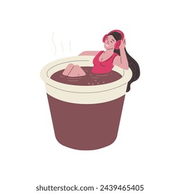 Captivating vector illustration featuring a person luxuriating in a coffee cup, radiating relaxation and contentment.