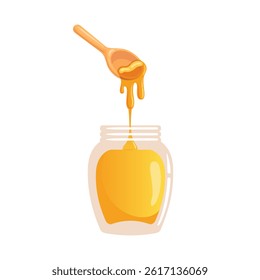 A captivating vector illustration of honey dripping from a wooden spoon into a glass jar. The rich golden liquid cascades gracefully, highlighting the texture and natural sweetness of honey in a cozy