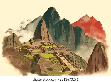 A captivating vector illustration of Machu Picchu transports you to the ancient ruins, with intricate details capturing the terraces, stone structures, and surrounding mountains, evoking a sense of my