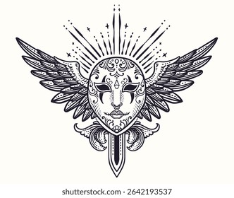 A captivating vector illustration of an ornate mask with delicate wings and emanating rays, rendered in a detailed vintage engraving style.