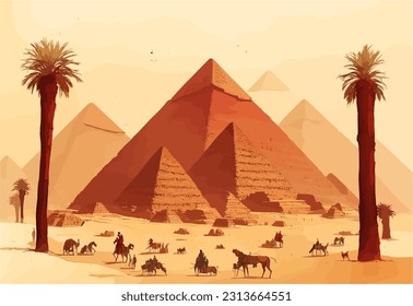 A captivating vector illustration of the Pyramids of Giza transports you to ancient Egypt, with their monumental structures and intricate hieroglyphics depicted in stunning detail against the desert b