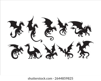 Uma ilustração vetorial cativante mostra um conjunto diversificado de silhuetas de dragão preto, perfeito para projetos de fantasia.