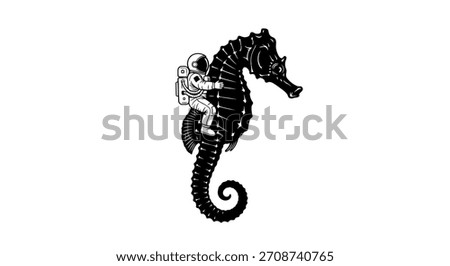 A captivating vector illustration showcasing an astronaut riding a seahorse, blending the themes of space exploration and marine life. The black and white design adds a touch of sophistication,