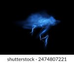 A captivating vector illustration showcasing a dark storm cloud with electric blue lightning bolts piercing through. This striking image vividly captures the essence of a powerful thunderstorm