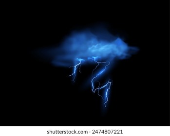 A captivating vector illustration showcasing a dark storm cloud with electric blue lightning bolts piercing through. This striking image vividly captures the essence of a powerful thunderstorm