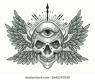 A captivating vector illustration of a skull adorned with expansive wings and a prominent third eye, radiating an aura of mysticism.