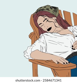 A captivating vector illustration of a young woman resting in a wooden chair, exuding a sense of tranquility and style. She has long, flowing hair adorned with a patterned scarf and wears a relaxed wh