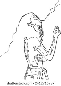 Captivating vector line art illustration of a woman confidently holding and smoking a cigarette