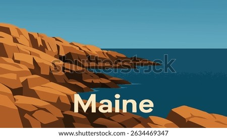 A captivating vector of the Maine rocky coastline, with rugged cliffs meeting the ocean at sunset. This piece captures the dramatic beauty of the New England coastline