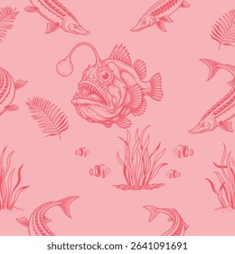 A captivating vector pattern featuring an anglerfish, sturgeons, and marine flora in a mesmerizing underwater scene.