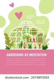 Un cautivador cartel de Vector que representa un invernadero lleno de diversas plantas, titulado Jardinería como meditación, situado en un fondo abstracto caprichoso con corazones juguetones y suaves curvas